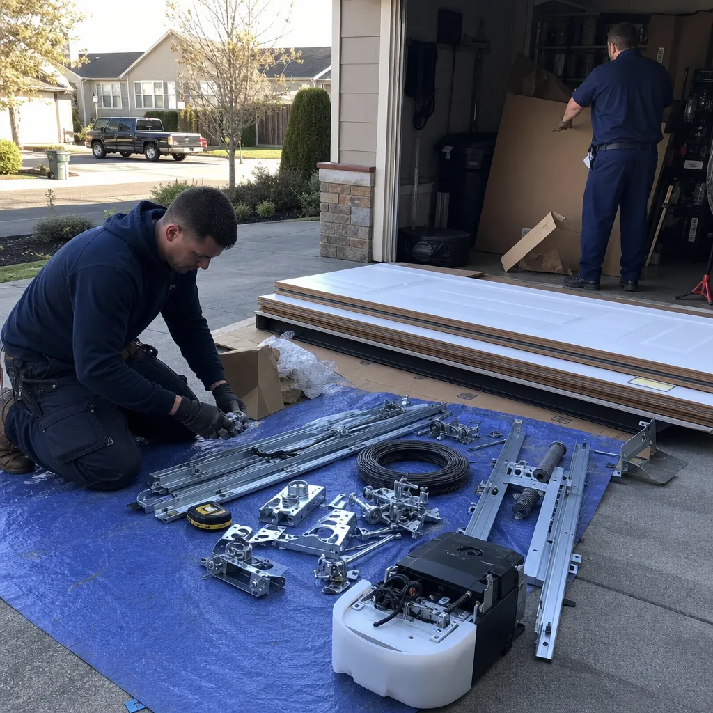 Professional technician organizing garage door installation parts on a driveway