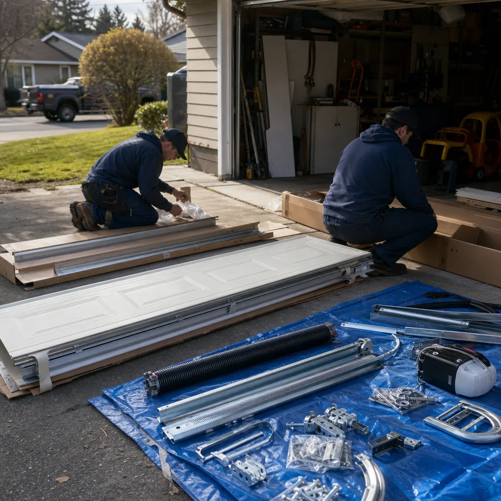 Two professional technicians installing a new residential garage door assembly