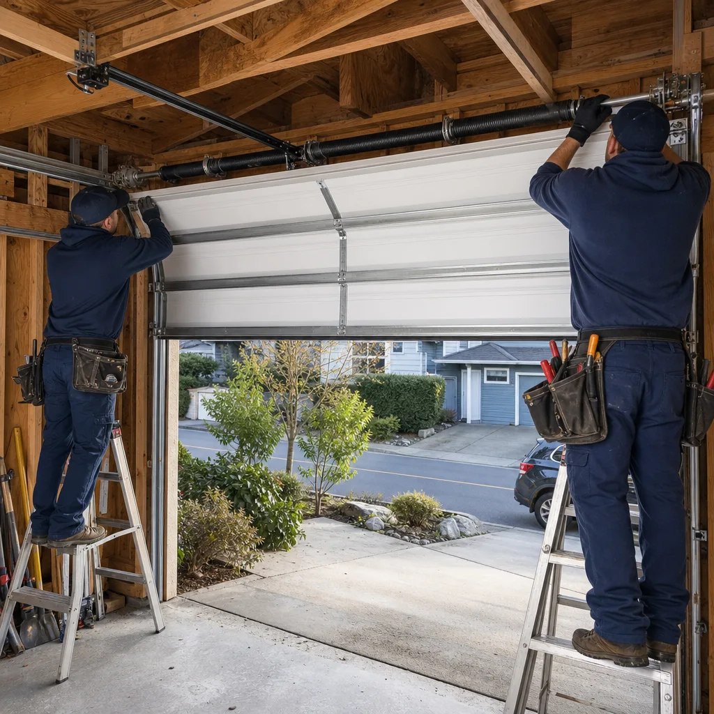 Two professional technicians installing a residential garage door system