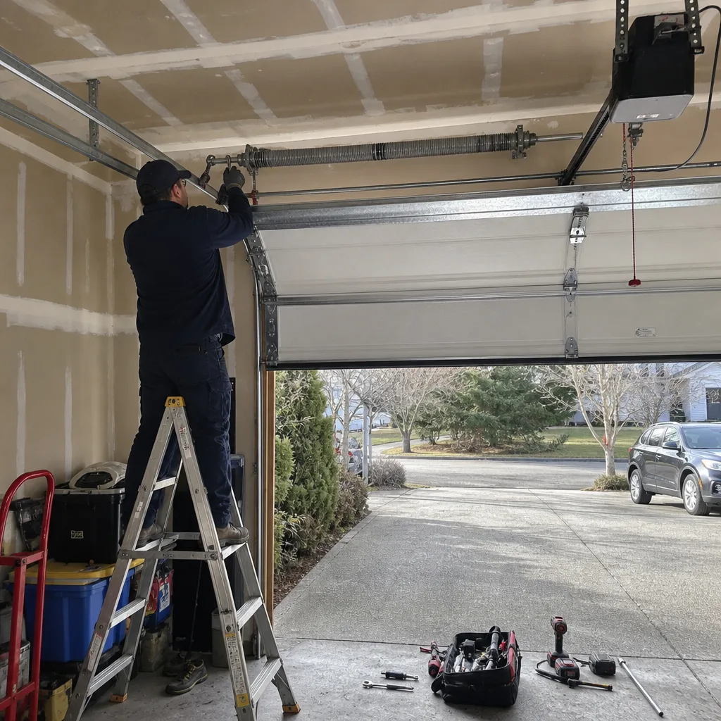 Technician performing professional garage door spring repair and maintenance