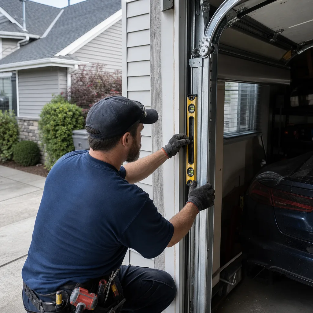 Technician checking garage door track alignment with a level